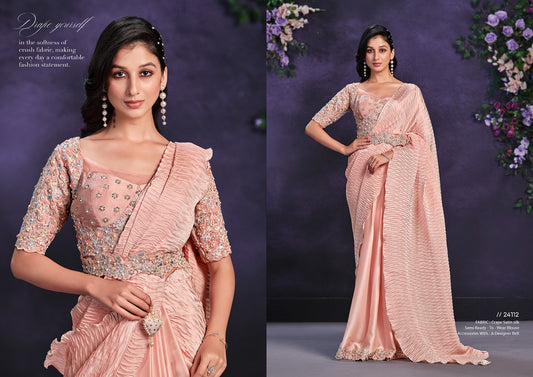 Blush Pink Crush Satin Silk Saree with Embroidered Blouse & Belt