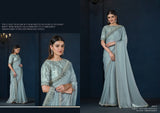 Elegant Teal Grey Satin Silk Saree – Timeless Grace & Luxury