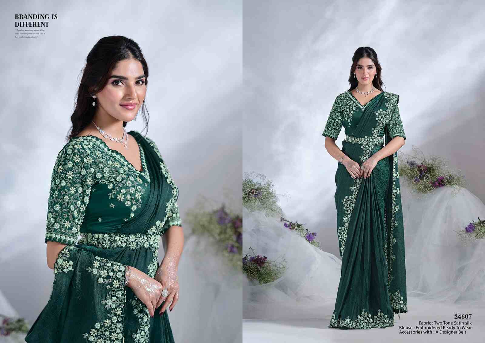 Elegant Bottle Green Ready-to-Wear Saree with Embroidered Blouse from www.fashionpur.com