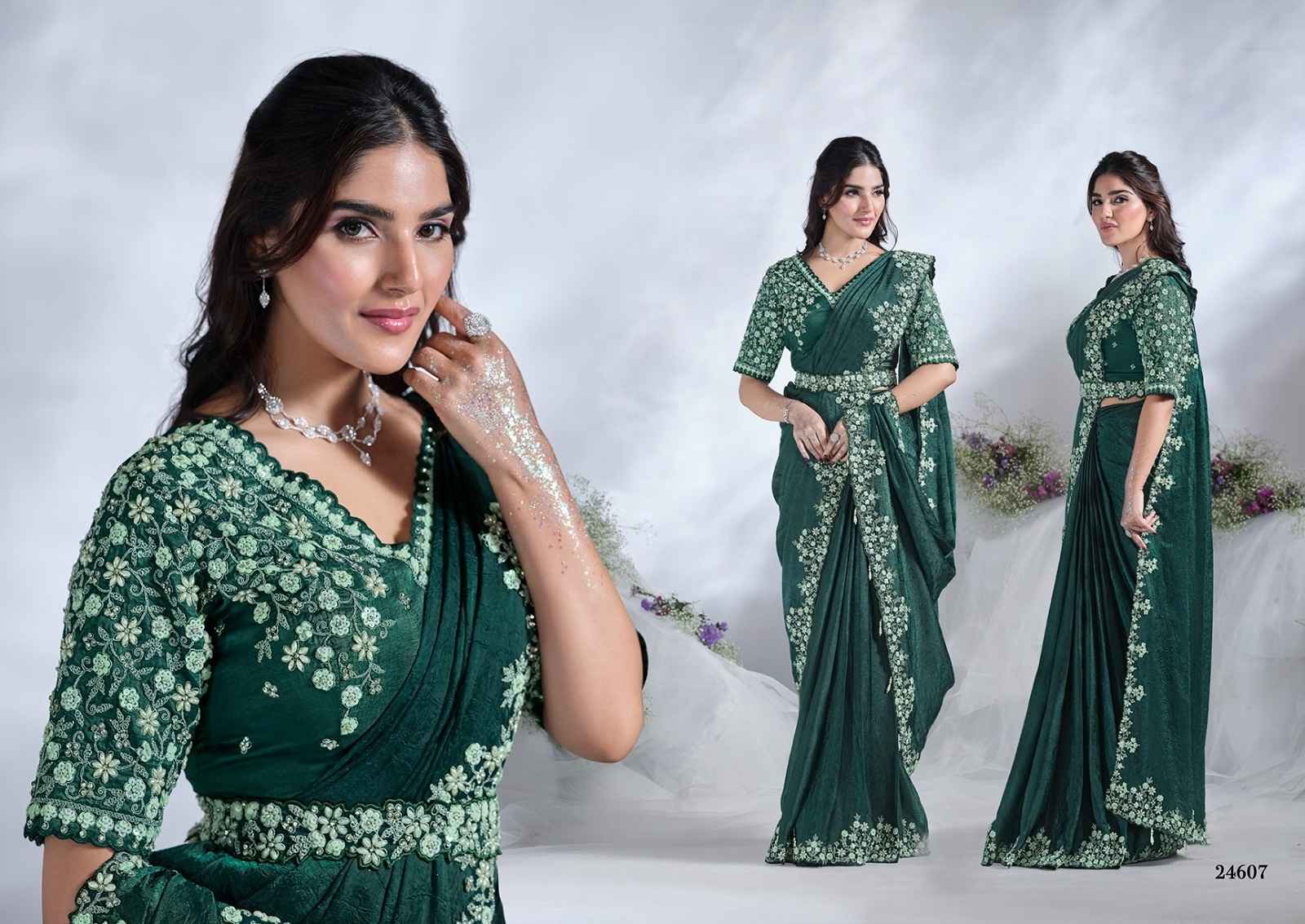 Elegant Bottle Green Ready-to-Wear Saree with Embroidered Blouse from www.fashionpur.com