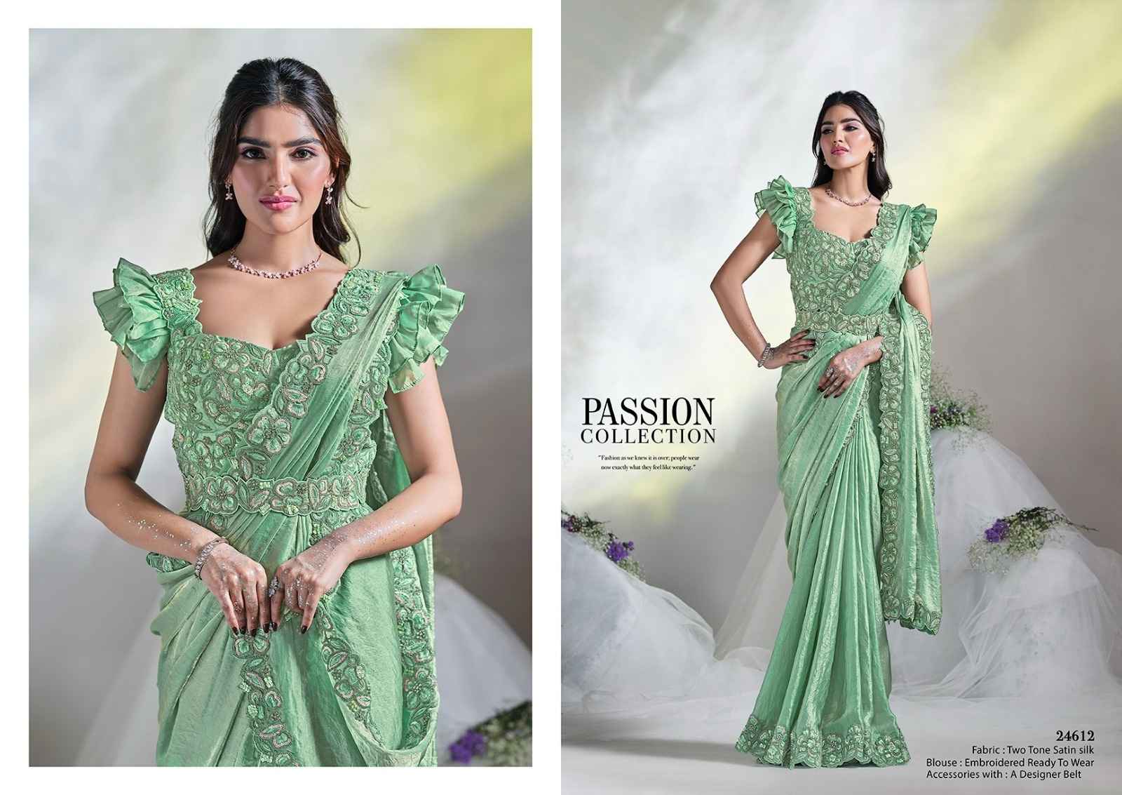 Mint Green Pre-Stitched Saree with Ruffle Sleeves & Belt from www.fashionpur.com