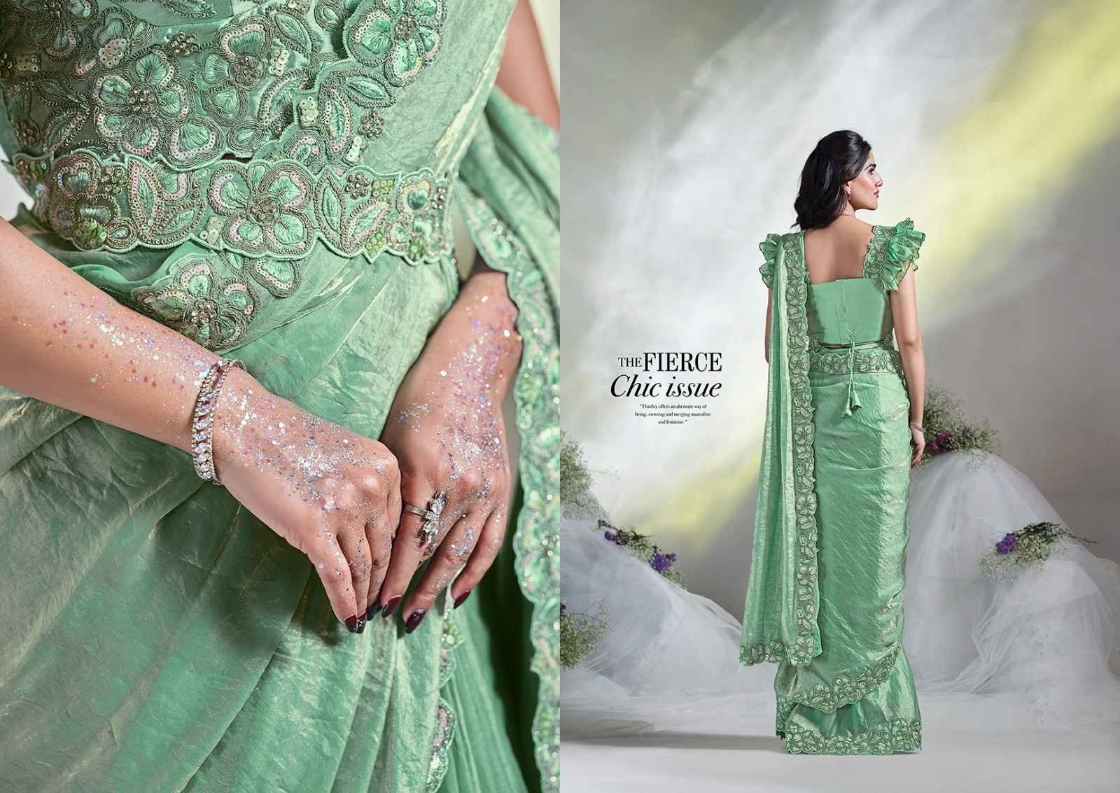 Mint Green Pre-Stitched Saree with Ruffle Sleeves & Belt from www.fashionpur.com