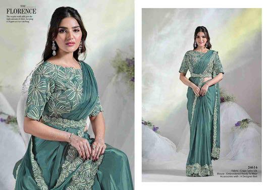 Sea Green Ready-to-Wear Saree with Hand Embroidered Blouse from www.fashionpur.com