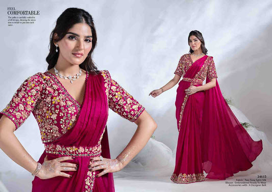 Wine Red Embroidered Ready-to-Wear Saree with Designer Belt from www.fashionpur.com
