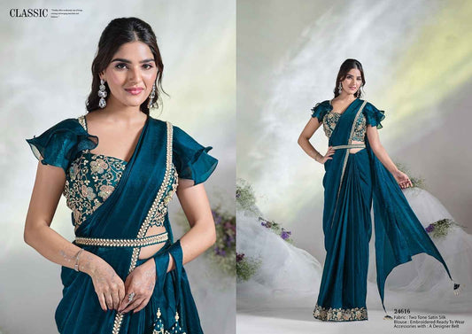 Peacock Blue Ready-to-Wear Saree with Embroidered Blouse & Belt