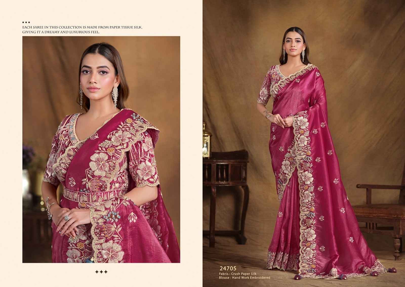 Majestic Wine Paper Tissue Silk Saree with Embroidered Blouse