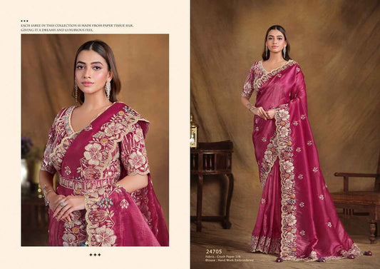 Majestic Wine Paper Tissue Silk Saree with Embroidered Blouse