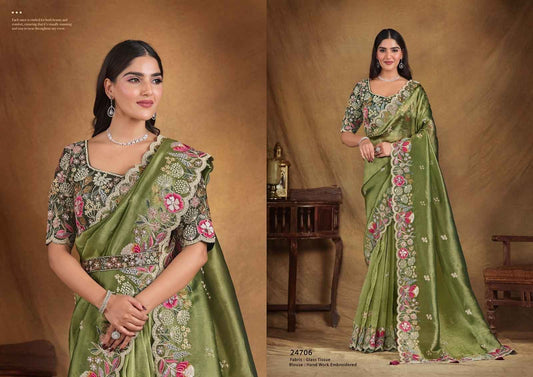 Elegant Olive Green Glass Tissue Saree with Hand-Embroidered Blouse