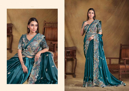Teal Blue Crush Satin Silk Saree with Hand-Embroidered Blouse
