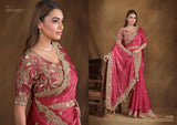 Rose Pink Two-Tone Satin Silk Saree with Hand-Embroidered Blouse