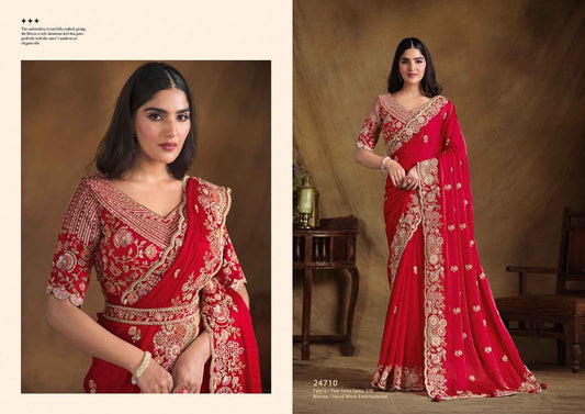 Royal Red Two-Tone Satin Silk Saree with Hand-Embroidered Blouse