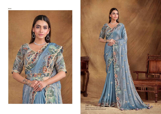 Serene Sky Blue Two-Tone Satin Silk Saree with Hand-Embroidered Blouse