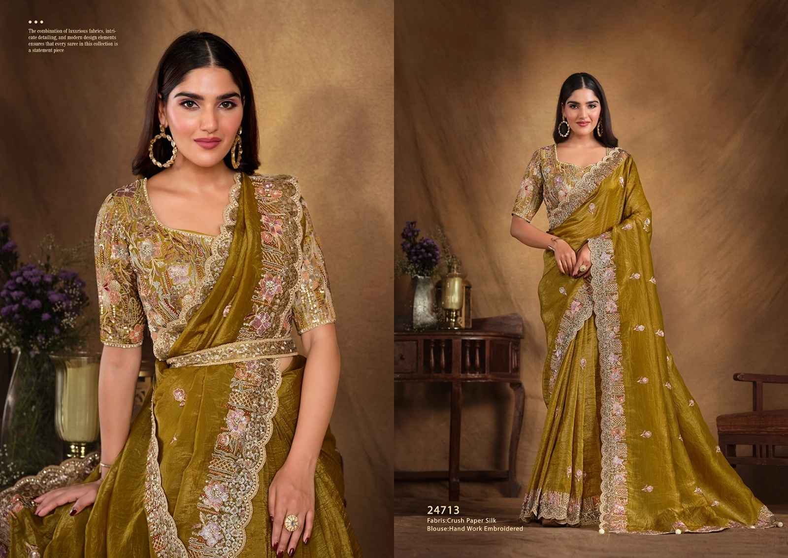 Antique Olive Green Crush Paper Silk Saree with Hand-Embroidered Blouse