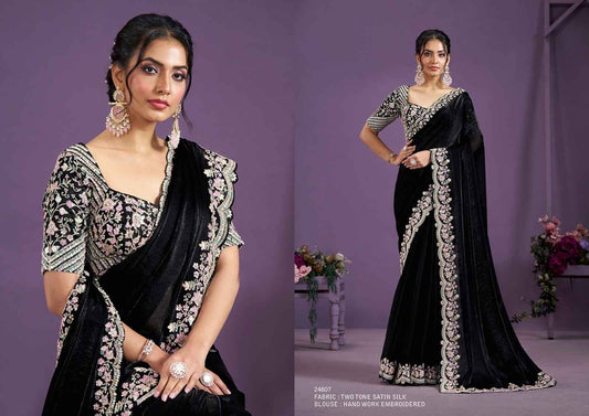 Black Two-Tone Satin Silk Saree with Handwork & Sequin Embroidery from www.fashionpur.com