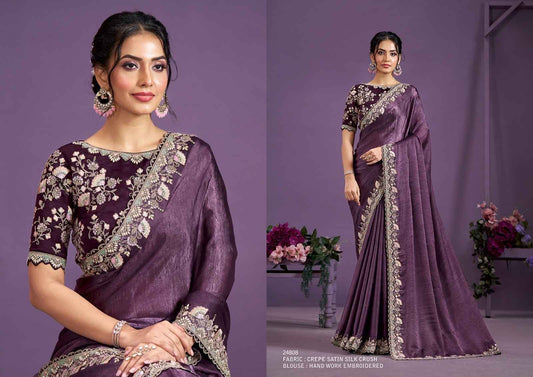 Purple Crepe Satin Silk Saree with Handwork & Diamond Sequin Embroidery from www.fashionpur.com