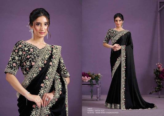 Black Satin Silk Saree with Real Mirror & Moti Work Embroidery from www.fashionpur.com