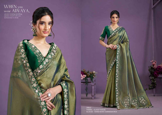 Green Glass Tissue Saree with Sequence & Patch Work Embroidery from www.fashionpur.com