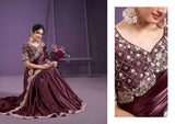 Wine Crepe Satin Silk Saree with Hand-Embroidered Blouse
