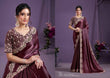 Wine Crepe Satin Silk Saree with Hand-Embroidered Blouse from www.fashionpur.com