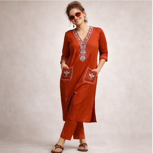 Rust Orange Cotton Kurti with Pant Set for Women