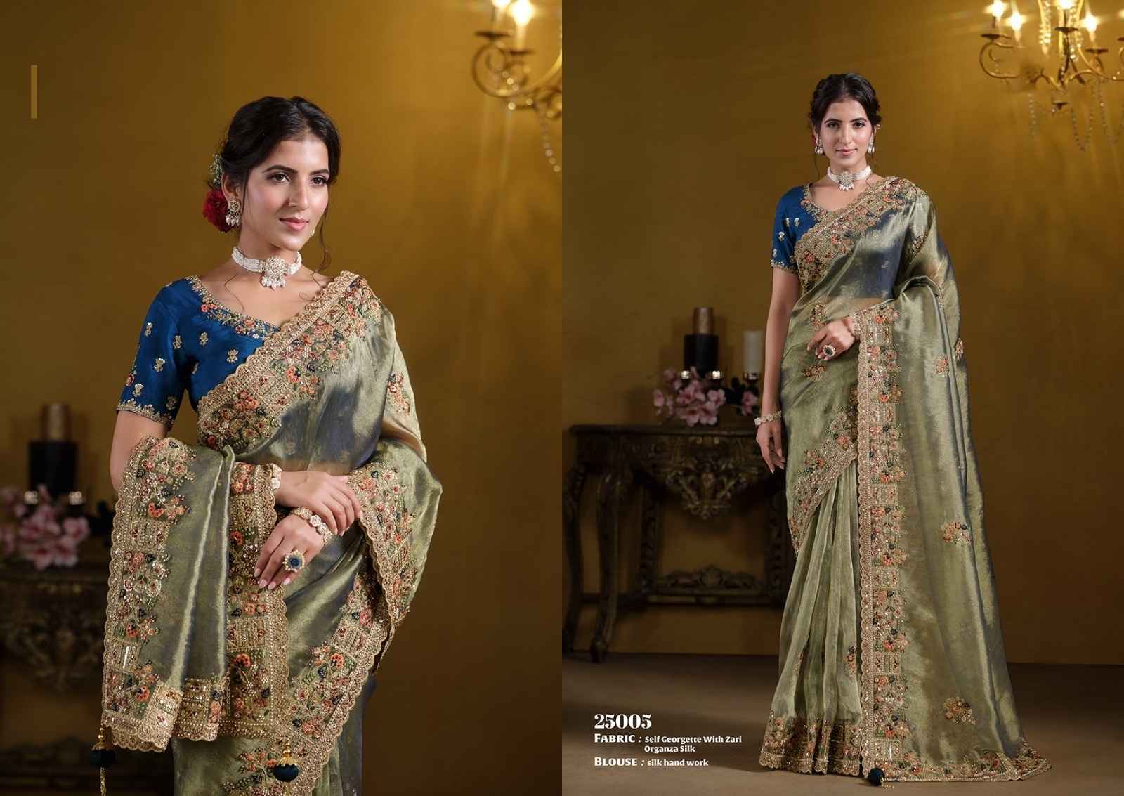 Green Pure Georgette Saree with Zari Organza Silk & Exquisite Khatli Work-Design 25005