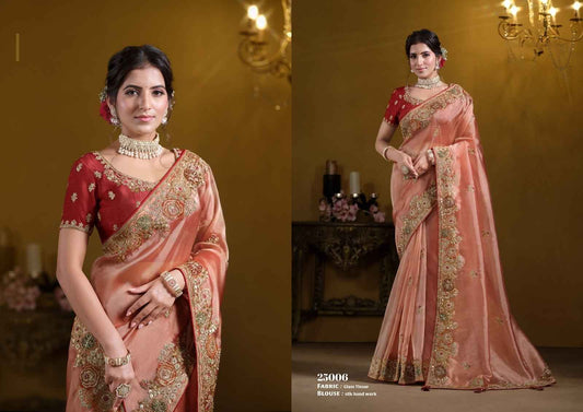 Peach Pure Twill Tissue Saree with Exquisite Khatli & Sequence Work-Design 25006