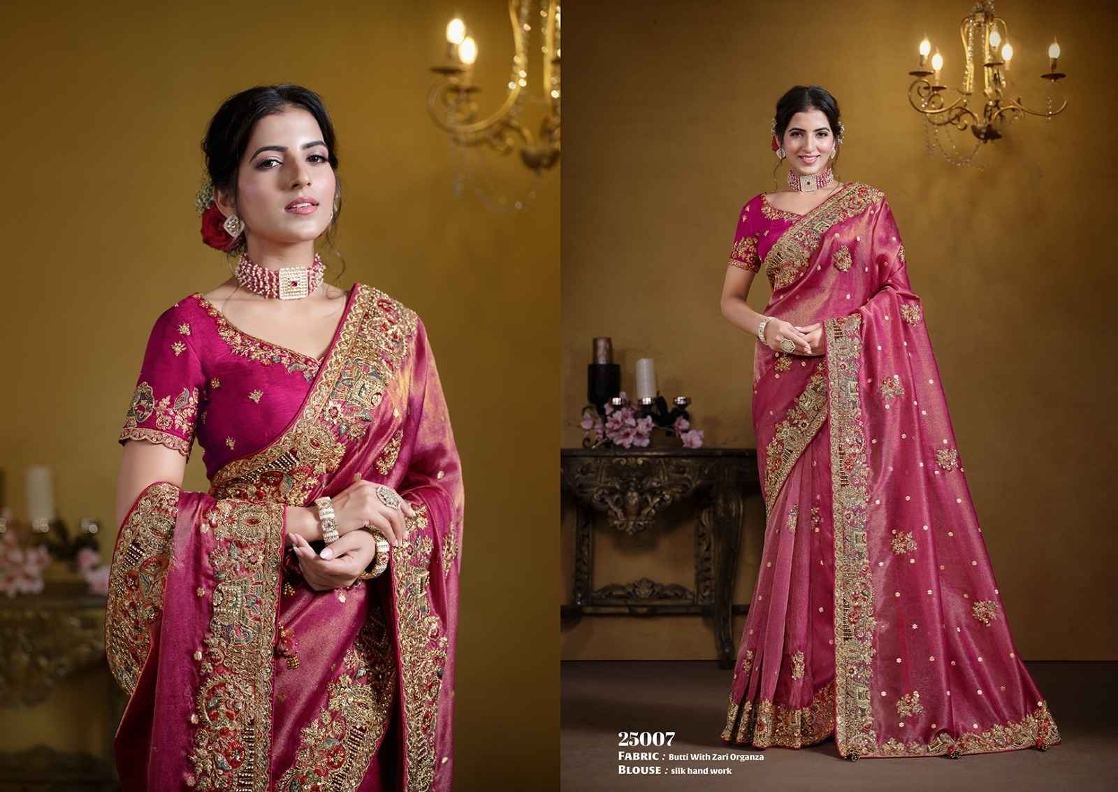 Rani Pink Zari Organza Silk Saree with Exquisite Khatli & Sequence Work-Design 25007