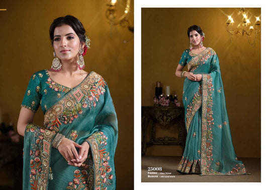 Teal Blue Glass Tissue Saree with Exquisite Khatli & Sequence Work-Design 25008