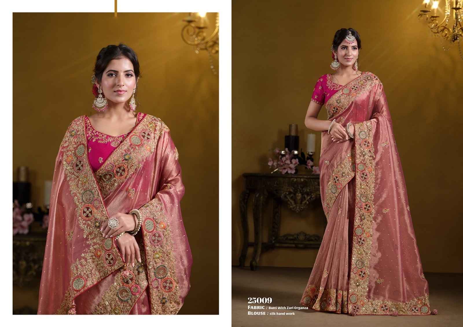 Peach Zari Organza Silk Saree with Exquisite Khatli & Sequence Work-Design 25009