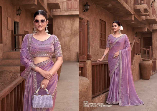 Elegant Mauve Gradient Satin Silk Saree with Hand Embroidery