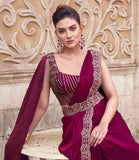 Royal Wine Two-Tone Satin Silk Saree with Handwork & Belt