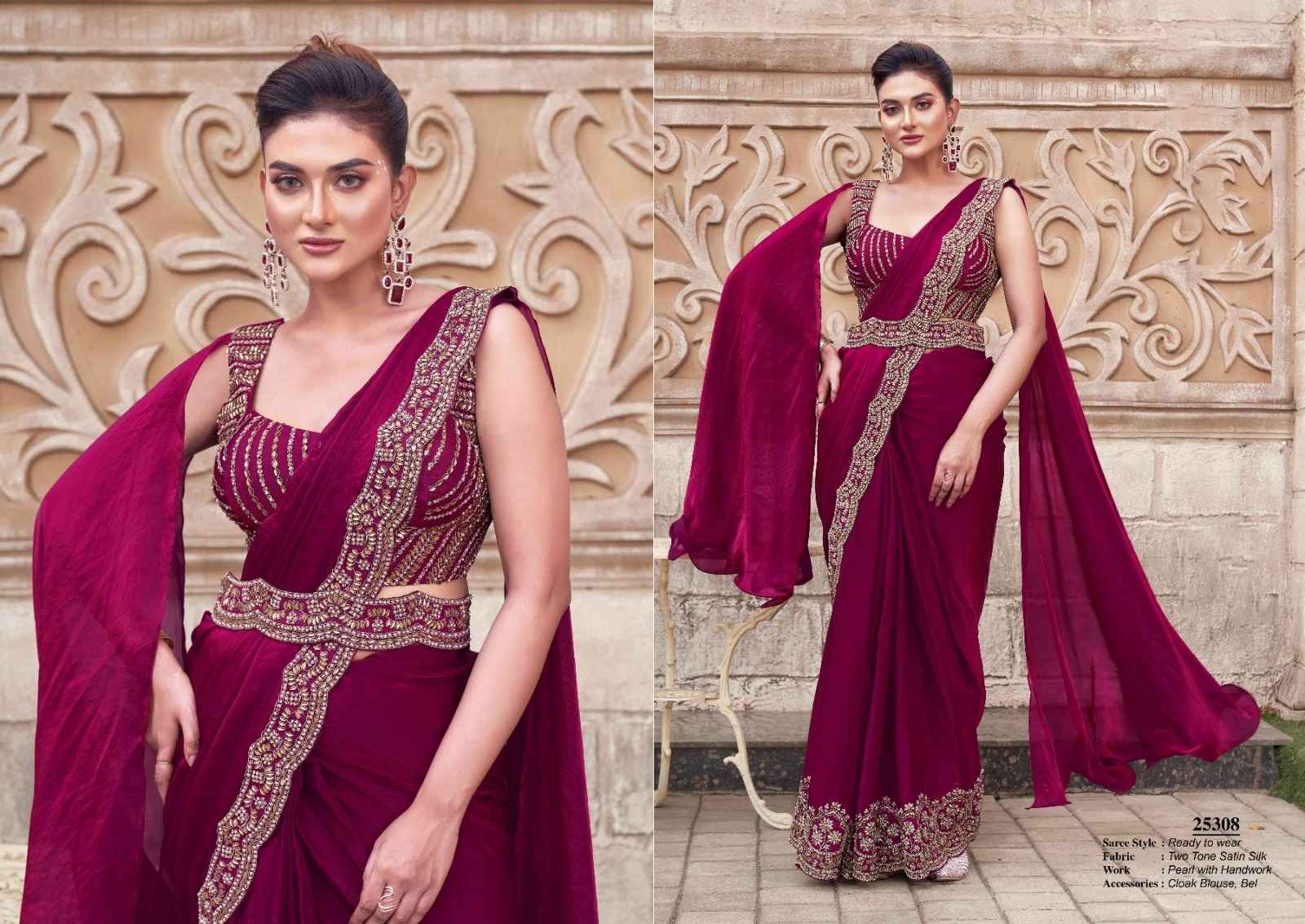 Royal Wine Two-Tone Satin Silk Saree with Handwork & Belt