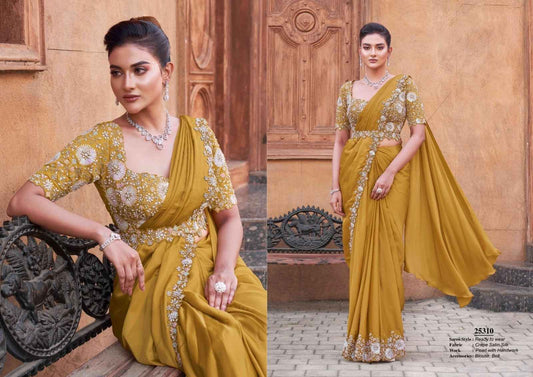 Elegant Mustard Crepe Satin Silk Saree with Pearl Handwork