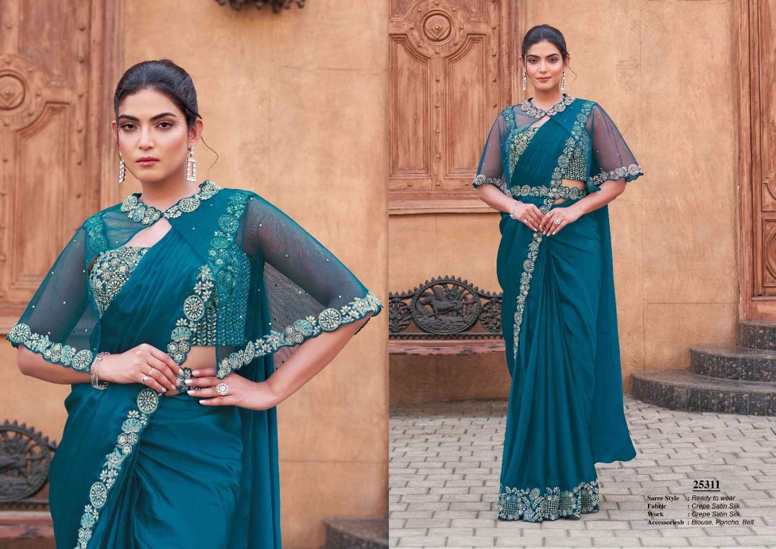 Teal Blue Crepe Satin Silk Saree with Poncho & Hand Embroidery