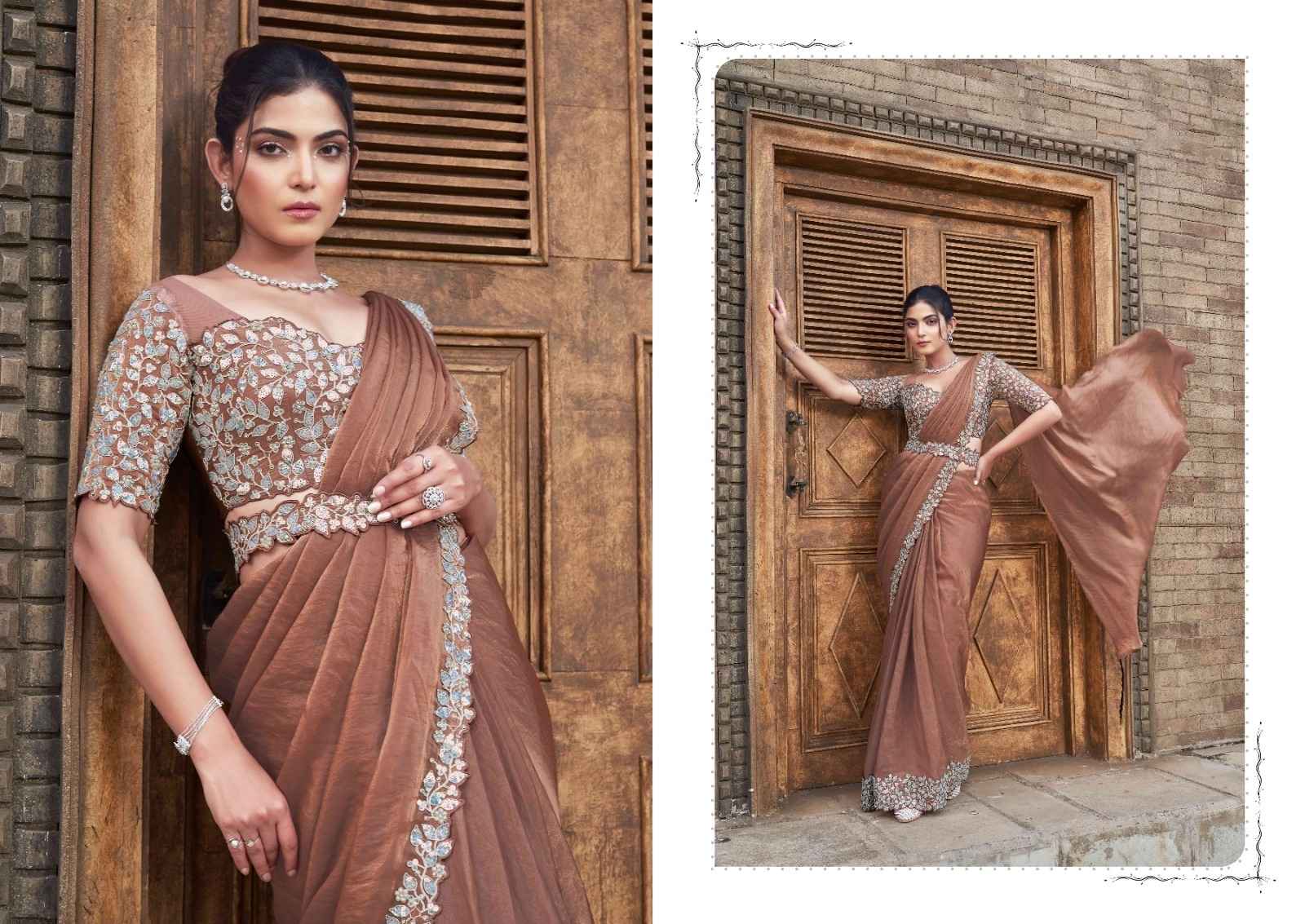 Elegant Brown Two-Tone Satin Silk Saree with Pearl Work