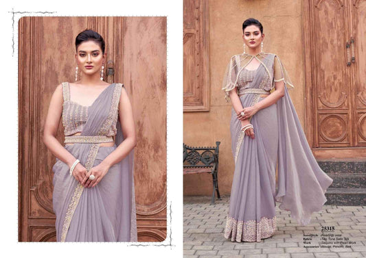 Elegant Grey Two-Tone Satin Silk Saree with Pearl Work