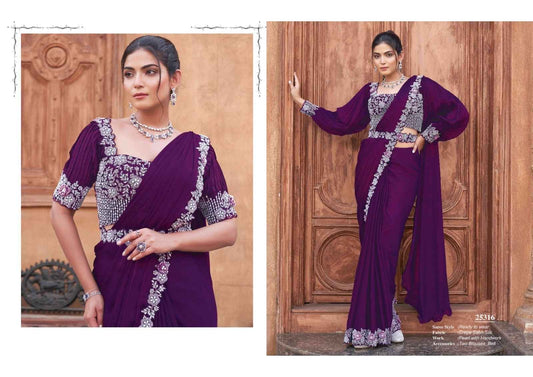 Purple Designer Satin Silk Saree with Embroidery