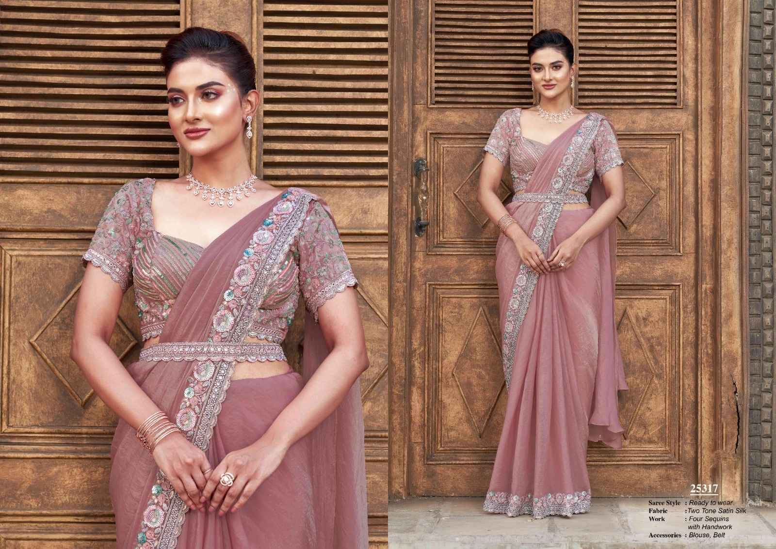 Elegant Dusty Rose Satin Silk Saree with Sequin Handwork