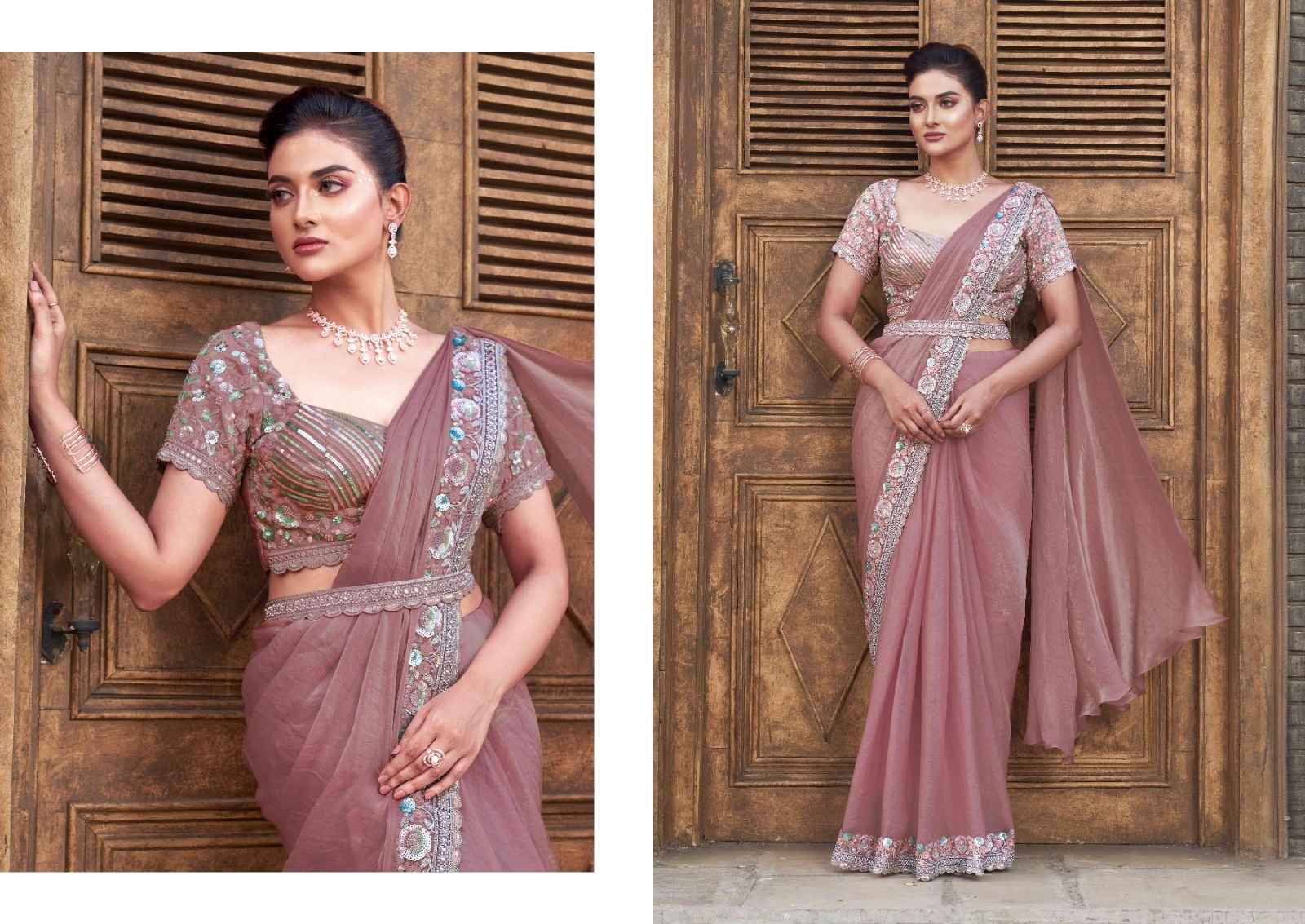 Elegant Dusty Rose Satin Silk Saree with Sequin Handwork
