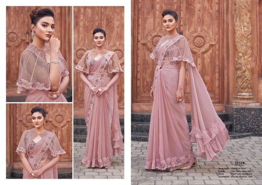 Elegant Peach Pink Designer Saree with Pearl & Handwork