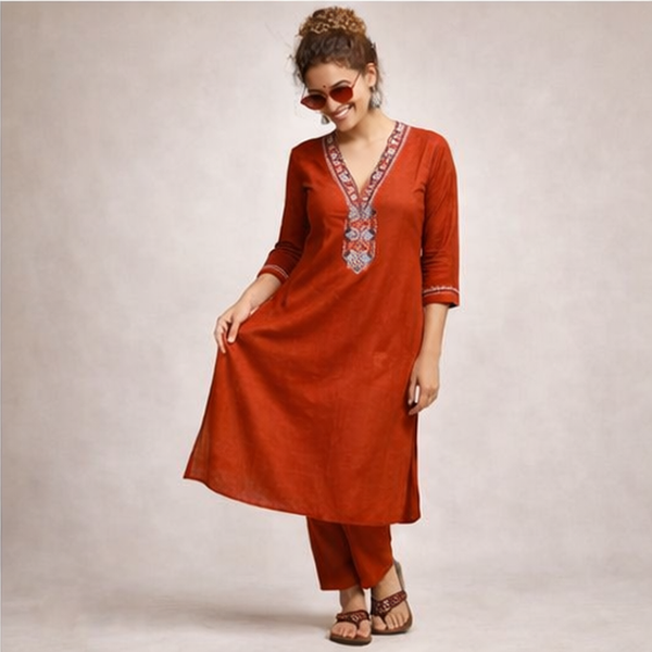 Rust Orange Cotton Kurti with Pant Set for Women