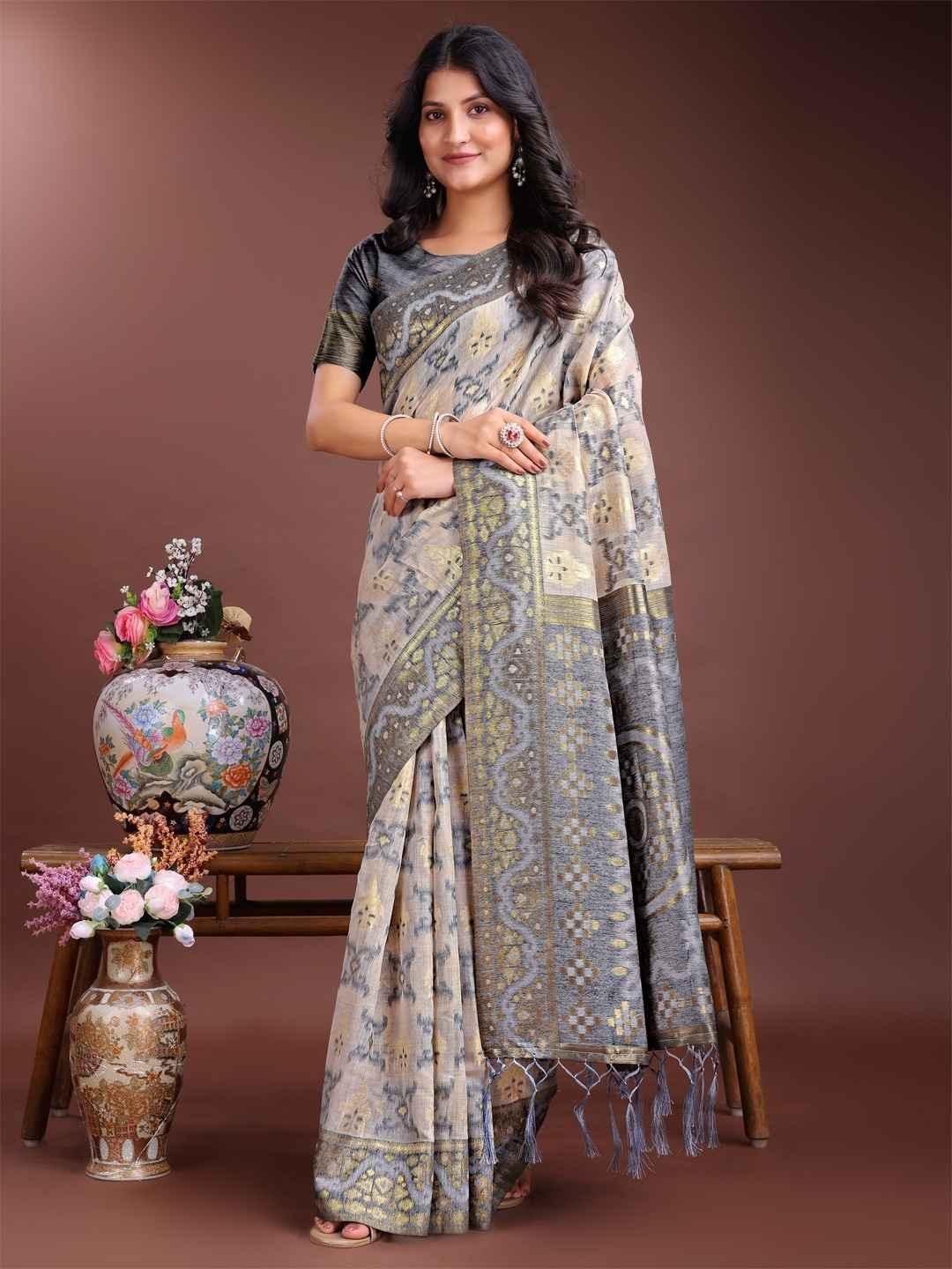 Elegant Grey & Beige Linen Cotton Saree with Tassel Pallu