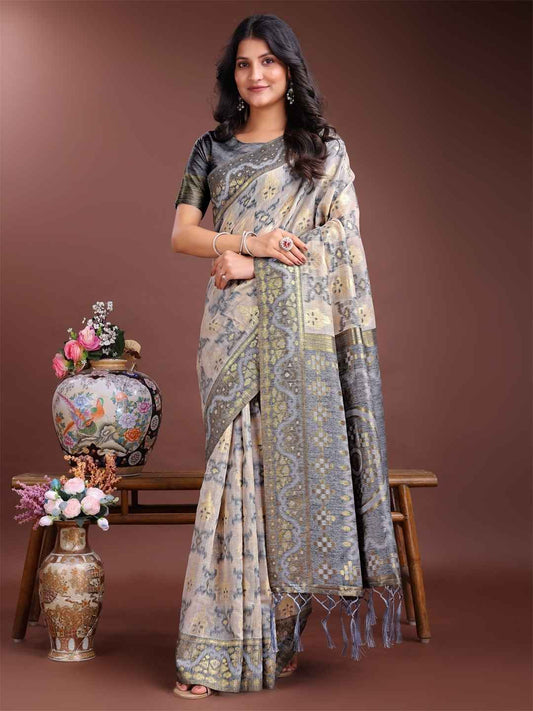 Elegant Grey & Beige Linen Cotton Saree with Tassel Pallu