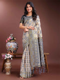 Elegant Grey & Beige Linen Cotton Saree with Tassel Pallu