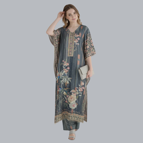 Elegant Charcoal Grey Designer Kaftan Suit Set