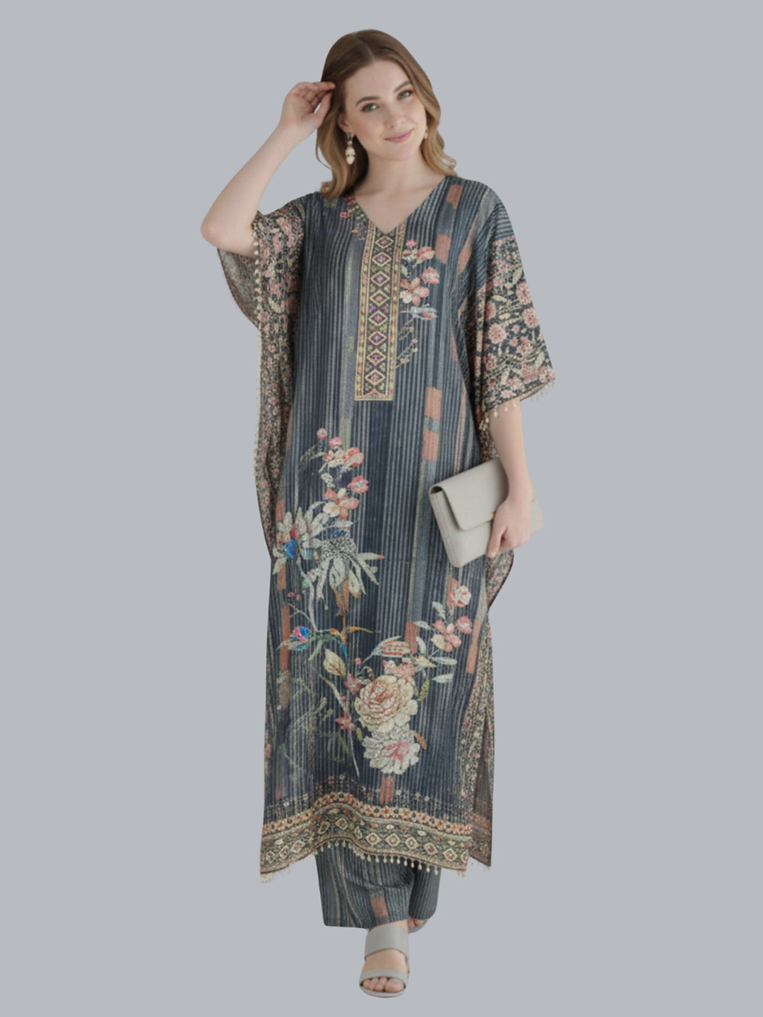 Elegant Charcoal Grey Designer Kaftan Suit Set