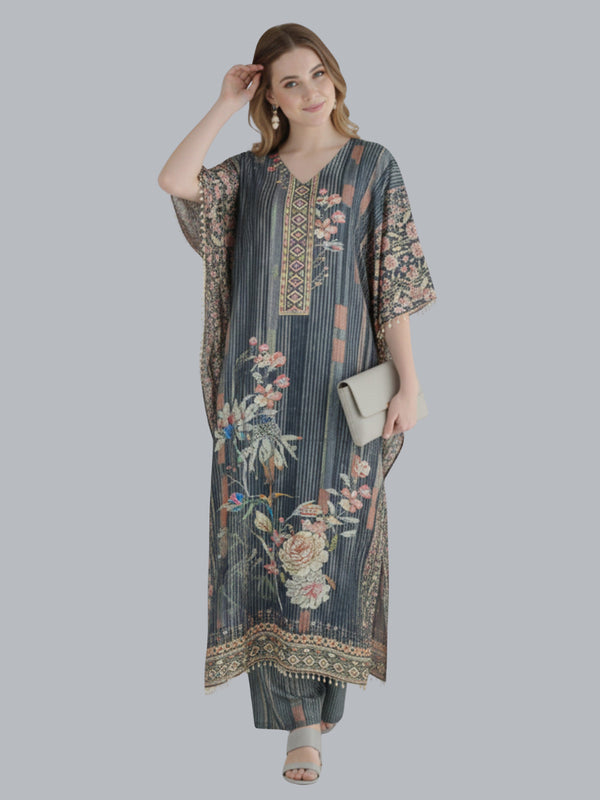 Elegant Charcoal Grey Designer Kaftan Suit Set