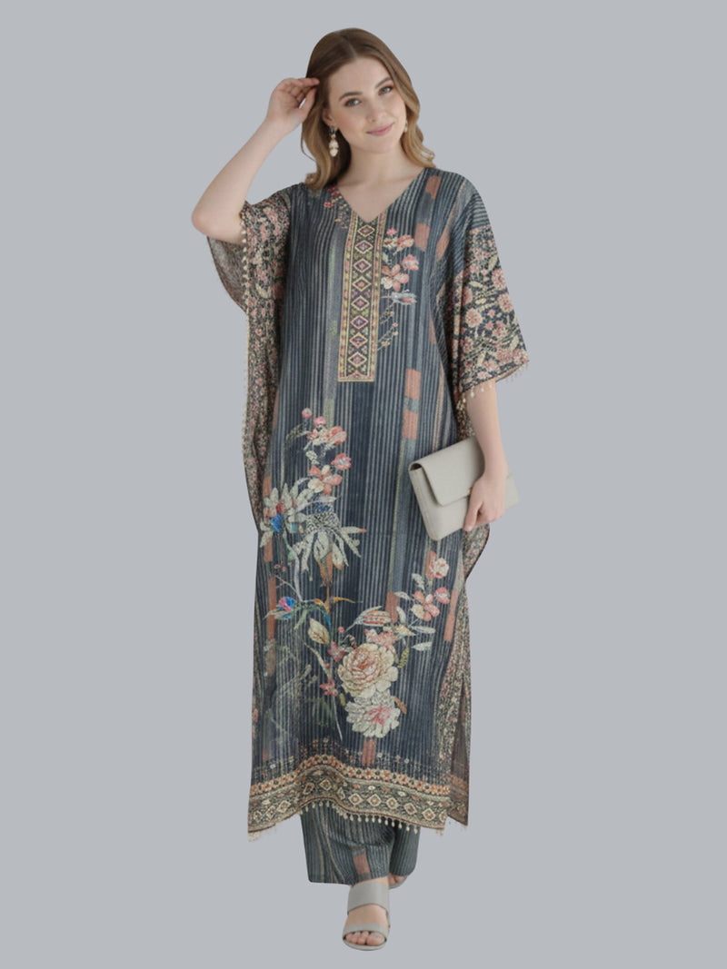 Elegant Charcoal Grey Designer Kaftan Suit Set