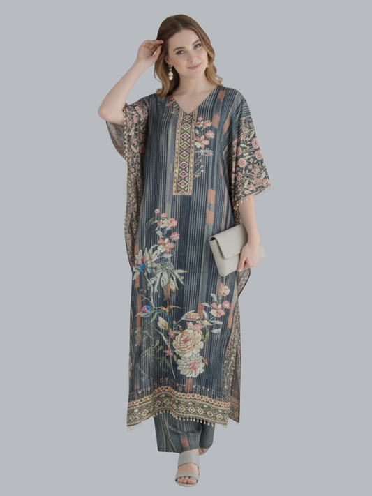 Elegant Charcoal Grey Designer Kaftan Suit Set