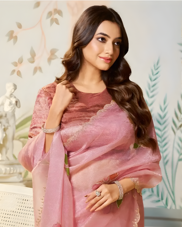 Elegant Pink Satin Organza Party Wear Saree for Women